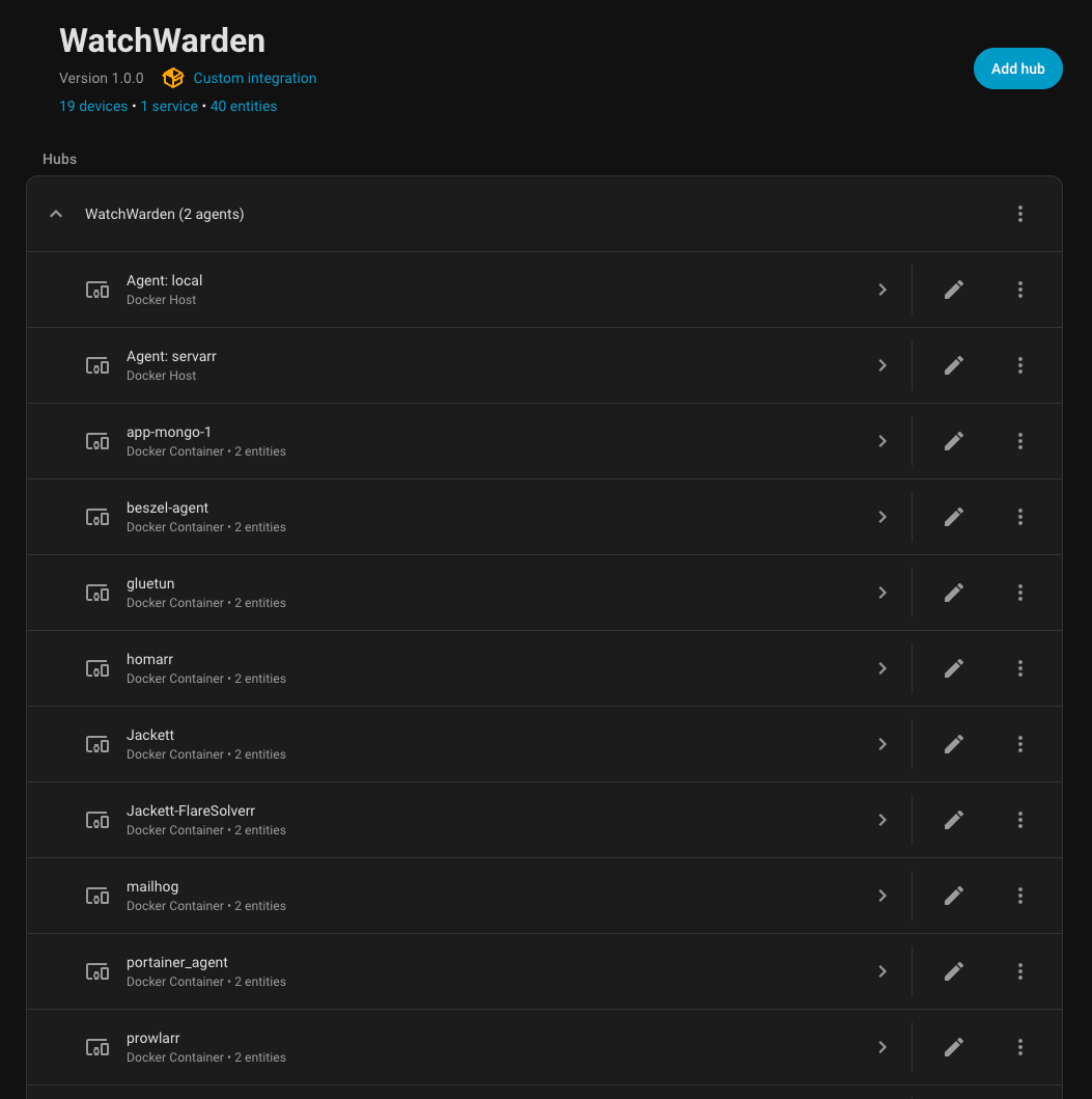 Integration hub showing agents and containers