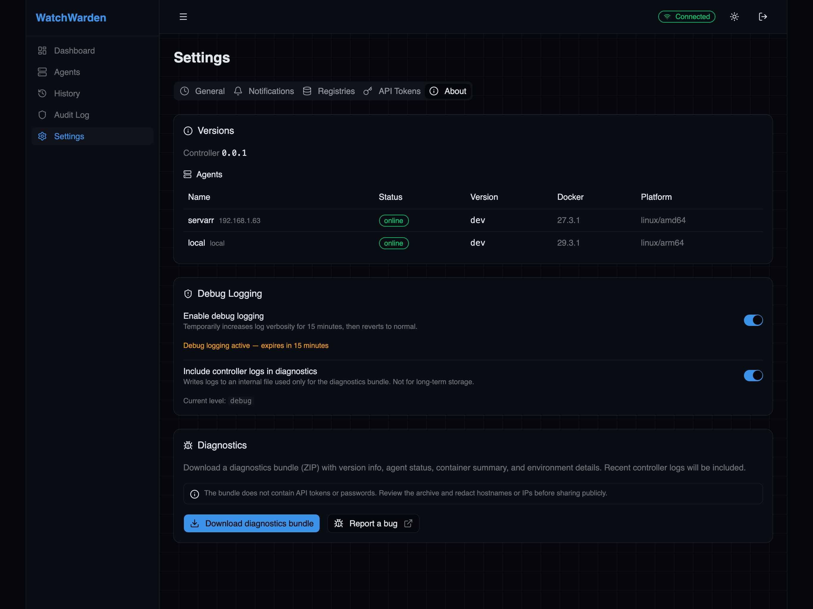 Settings — About & Diagnostics